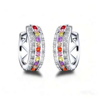 Pendientes de aro de plata de ley 925 con circonita cúbica, diseño de gema arcoíris colorido y llamativo, estilo de moda que muestra un encanto personalizado vibrante, adecuado para uso diario casual, reuniones con la novia, festivales de música, fotos de moda callejera, fiestas con tema arcoíris y talla grande