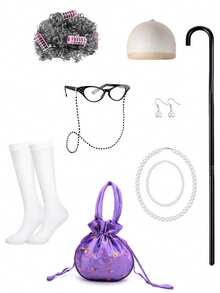 开学第100天 Cosplay 老太太服装配饰包括假发+项链+袜子+包+拐杖 趣味道具 嘉年华 生日恶作剧玩具 - 紫色 - 查看 1