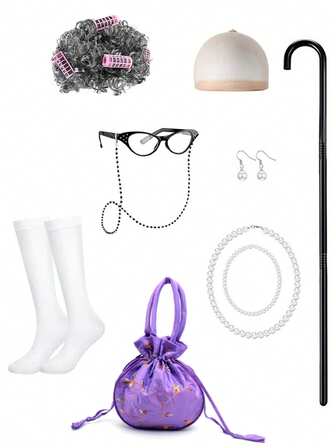 100th Day Of School Cos Old Lady Costume Accessories Include Wigs+Necklaces+Socks+Bag+Cane Fun Prop Carnival Birthday Prank Toys