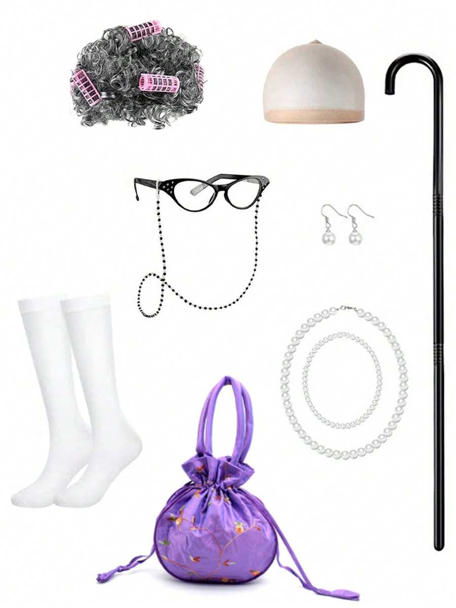 开学第100天 Cosplay 老太太服装配饰包括假发+项链+袜子+包+拐杖 趣味道具 嘉年华 生日恶作剧玩具 - 紫色 - 查看 1