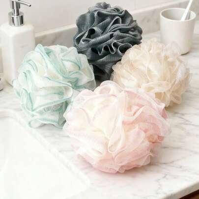 4pcs Floral Pattern Luffa Sponge Set, Includes Hanging Loop, Soft Exfoliating Scrub Ball, Rich Foaming, Gentle Exfoliating Bath Sponge, Back Massage Bubble Bath Ball, Reusable, Suitable For Personal Care Exfoliation And Body Cleansing, Also Suitable For Bathroom Decor, Made Of Skin-Friendly Materials, Essential Bathing Supplies, Durable, Perfect For Home SPA Enthusiasts (Random 4 Colors/2pcs/1pc Set Available)