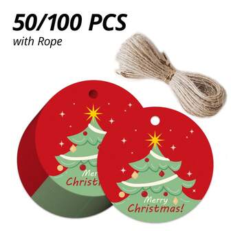 50/100 st. presentetiketter med snören, runda julklappsetiketter, 5x5cm/2x2in kort, gröna runda julklappskort, julgransdekorationer, julfesttillbehör, juldekorationskort med snören, lämplig för webbutiker, personliga butiker, presentinslagning, julfester, presentbutiker, julklappskort