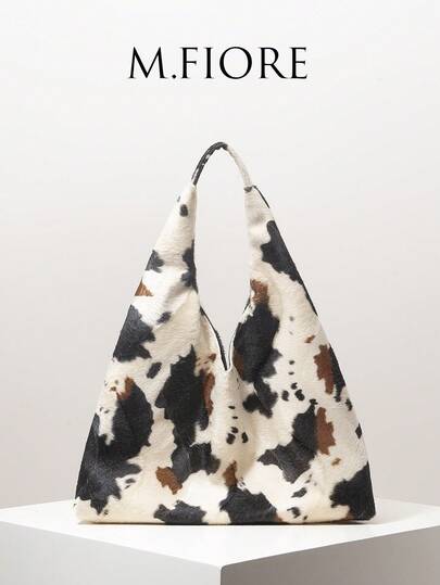 女士手提包，奶牛纹，单肩包，复古包，流浪包，毛绒钱包，女士工作包，女士礼物，适合日常使用、购物、通勤、外出，多功能（图案随机）