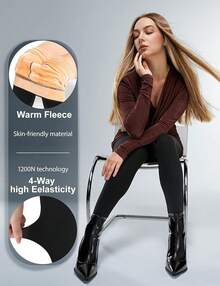 Fleece Lined Sheer Warm Pantyhose Leggings Translucent Thermal Winter Thick Tights Dresses, Women's Style 5FUO - 純黑色馬鐙 - 查看 5