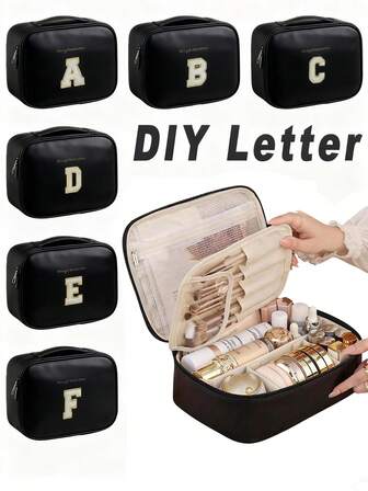 大容量旅行化妆包，防水皮革收纳包，字母（A-Z）图案，多功能化妆品收纳包，拉链洗漱包，适用于化妆刷、口红、粉底、精华液、精油、眼影盘等。是秋季和卧室装饰的理想之选。