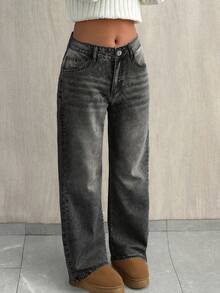 Tall Women's Light Blue Washed Low Waist Straight Leg Jeans, Retro Fashionable Loose Casual Pants