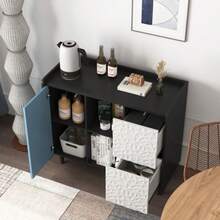 Aparador buffet, armário preto com portas azuis, 2 gavetas com painel único e 2 compartimentos abertos, armário bar de café moderno, armário lateral para cozinha, sala de jantar - Azul - Ver 6