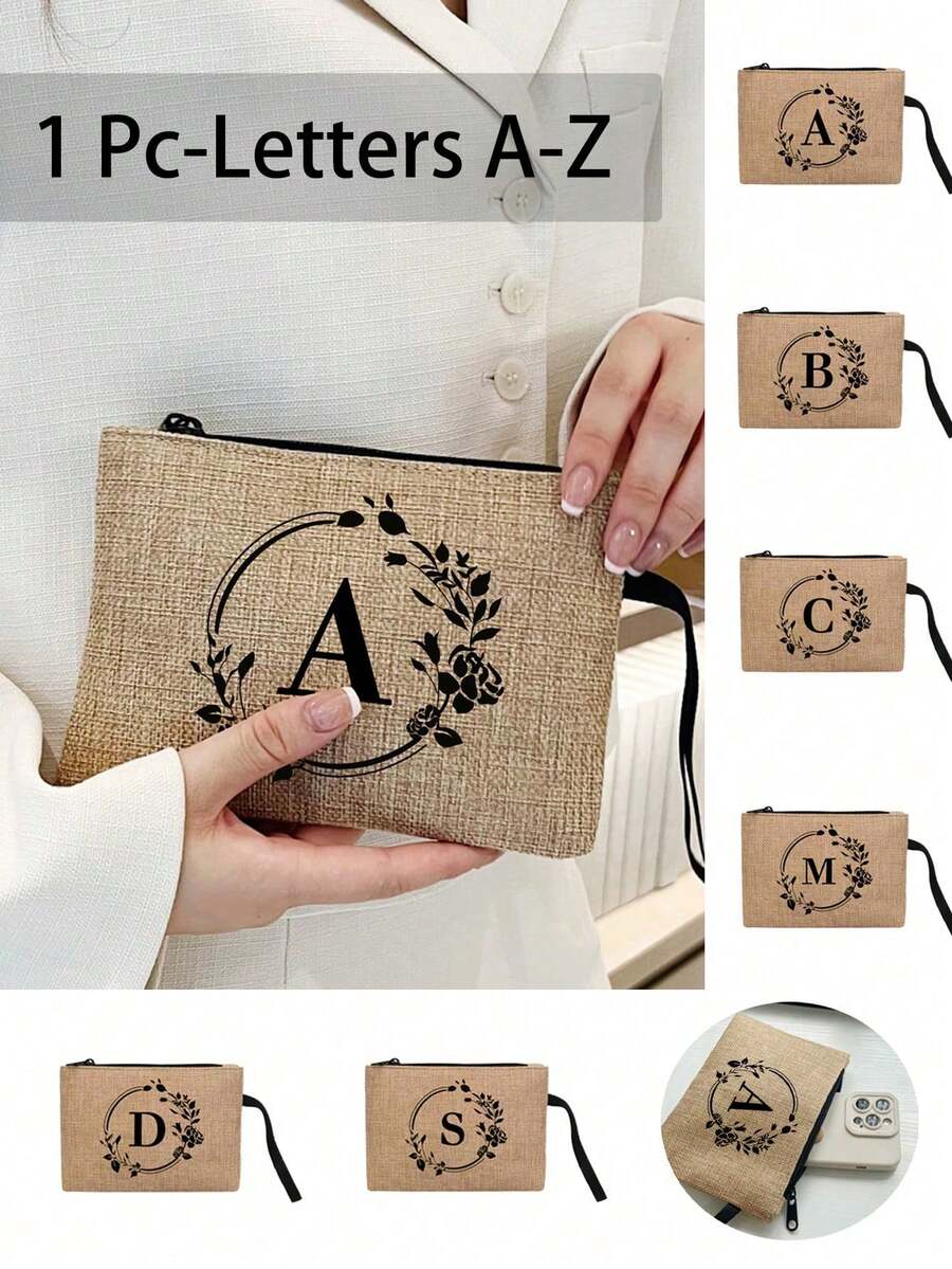 1 pieza Bolsa con cremallera de lino con estampado de letra, patrón de letra floral de moda, monedero, bolsa de cosméticos, regalo para mujeres, maestras, organizador de viaje: perfecto para exteriores y belleza, adecuado para mujeres, madres, amigas, damas de honor, estudiantes, vuelta al colegio, maestras - Caqui - Ver 1