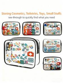 透明PVC便携式收纳袋，印有药品标签和药丸图案，医用收纳袋，大容量化妆品收纳包，防水，带拉链，化妆包，旅行收纳包，美容包，可收纳口红、化妆刷、护肤品、手机、零钱、小物件，旅行必备，轻便