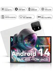 Qetupa 10.1英寸Pad6安卓14平板电脑，RK3562八核2.0GHz处理器，4GB RAM，64GB/128GB ROM，802.11ax WIFI6 2.4G+5G，蓝牙5.4，高清(1280*800)IPS触控屏，5MP+8MP双摄像头，6000mAh电池，支持512GB扩展，Type-C接口，不支持SMI卡，支持阅读和游戏 - 白色 - 查看 1
