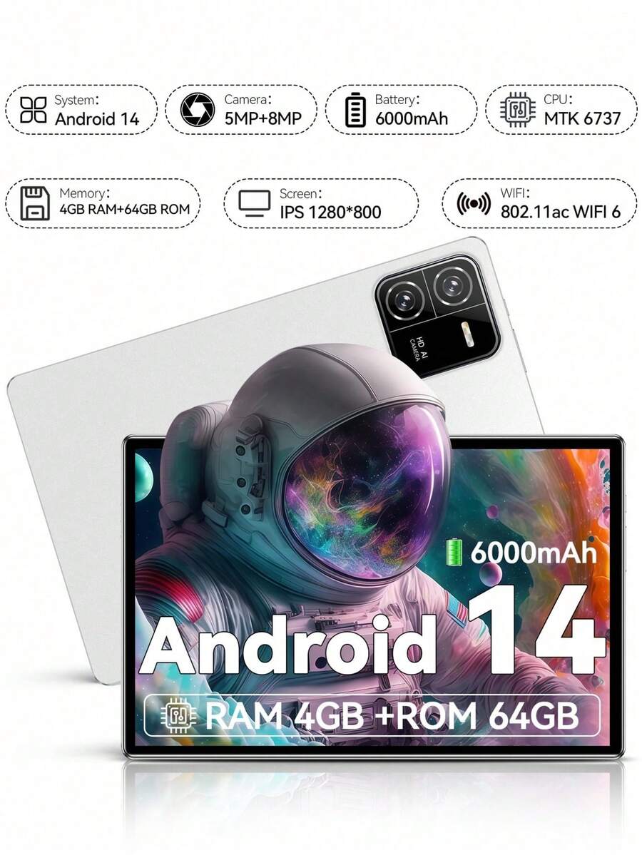 Qetupa 10.1英寸Pad6安卓14平板电脑,RK3562八核2.0GHz处理器,4GB RAM,64GB/128GB ROM,802.11ax WIFI6 2.4G+5G,蓝牙5.4,高清(1280*800)IPS触控屏,5MP+8MP双摄像头,6000mAh电池,支持512GB扩展,Type-C接口,不支持SMI卡,支持阅读和游戏 - 白色 - 查看 1