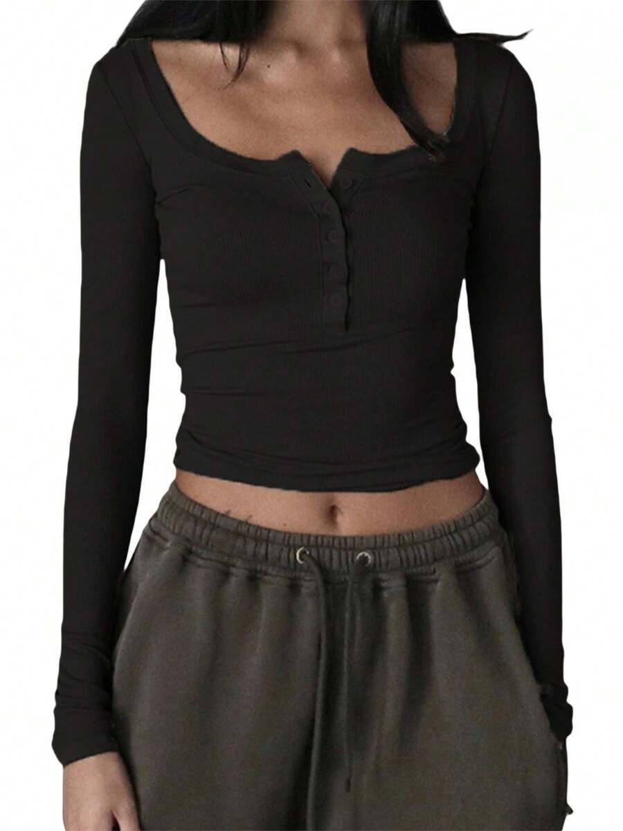 Women Henley Shirt Casual Solid Color Retro 1/2 Button Long Sleeve Y2K Slim Fitted Ribbed Knit Crop Tops - 黑色 - 查看 1