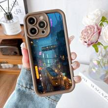 Cubierta de teléfono con diseño de ciudad futurista azul oscuro con tranvías y luces neón para uso diario y viajes - Café integral - Ver 7