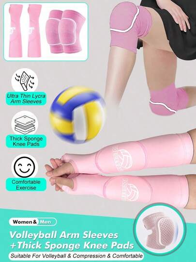 1 Set Includes: 1 Pair Volleyball Arm Sleeves + 1 Pair Thick Foam Knee Pads With Padding And Thumb Holes, Suitable For Volleyball Sports, Unisex