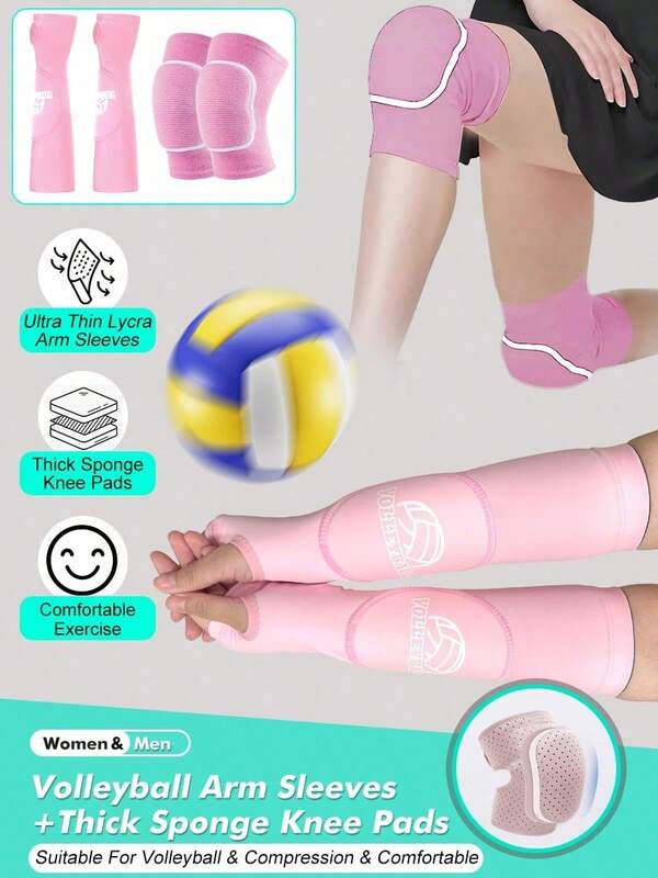 1 Set - 1 par de mangas para el brazo de voleibol + 1 par de mangas gruesas para la rodilla con esponja, mangas para el brazo con almohadillas y agujero para el pulgar, adecuadas para voleibol, hombres y mujeres
