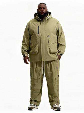 Conjunto de chaqueta con capucha con cremallera y pantalones casuales para hombre de talla grande, otoño