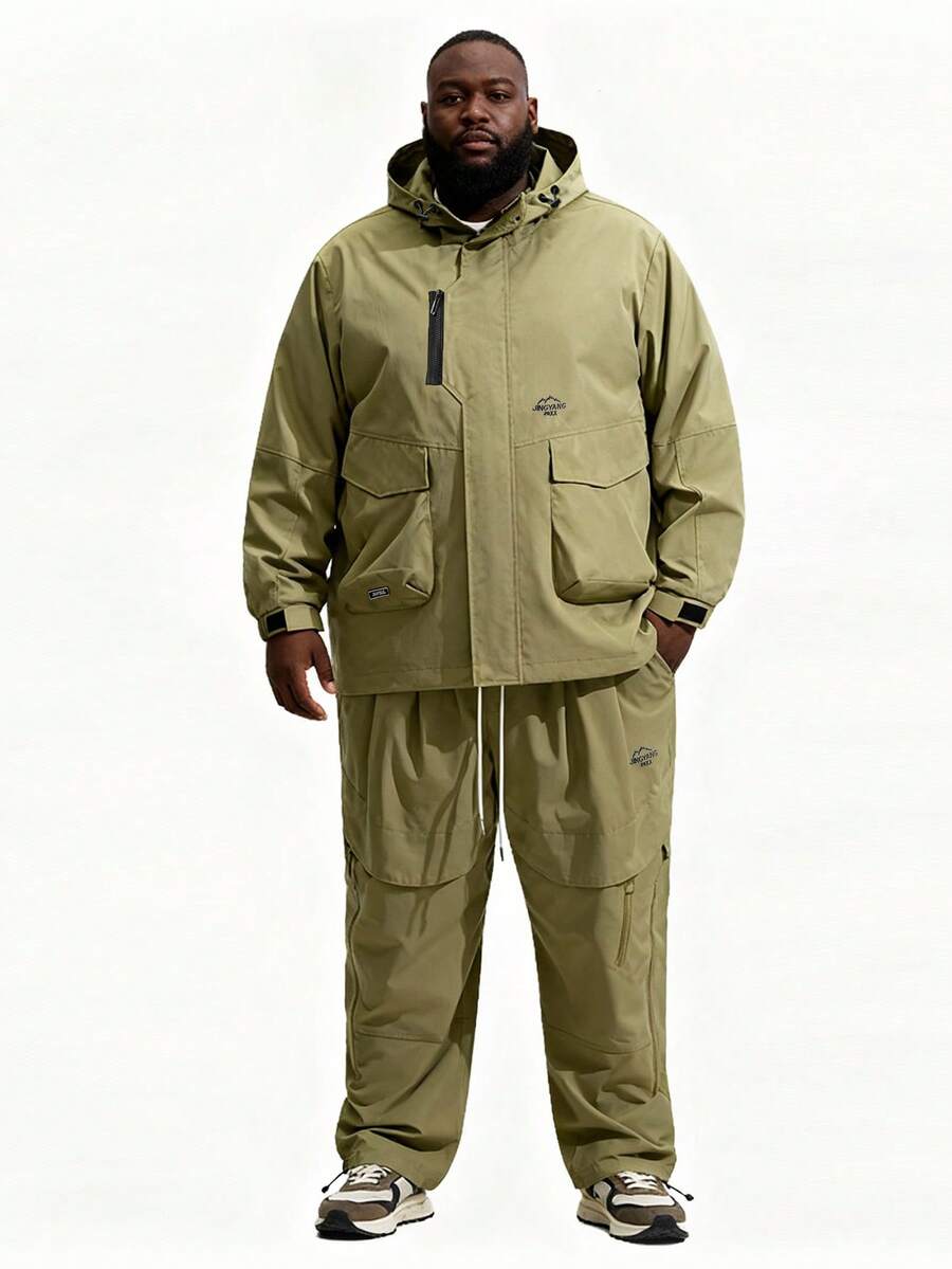 Plus Size Men's Casual Zip-Up Hooded Jacket And Pants Set, Autumn