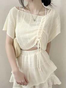 女士抽绳蝙蝠袖宽松针织毛衣 - 杏色 - 查看 1