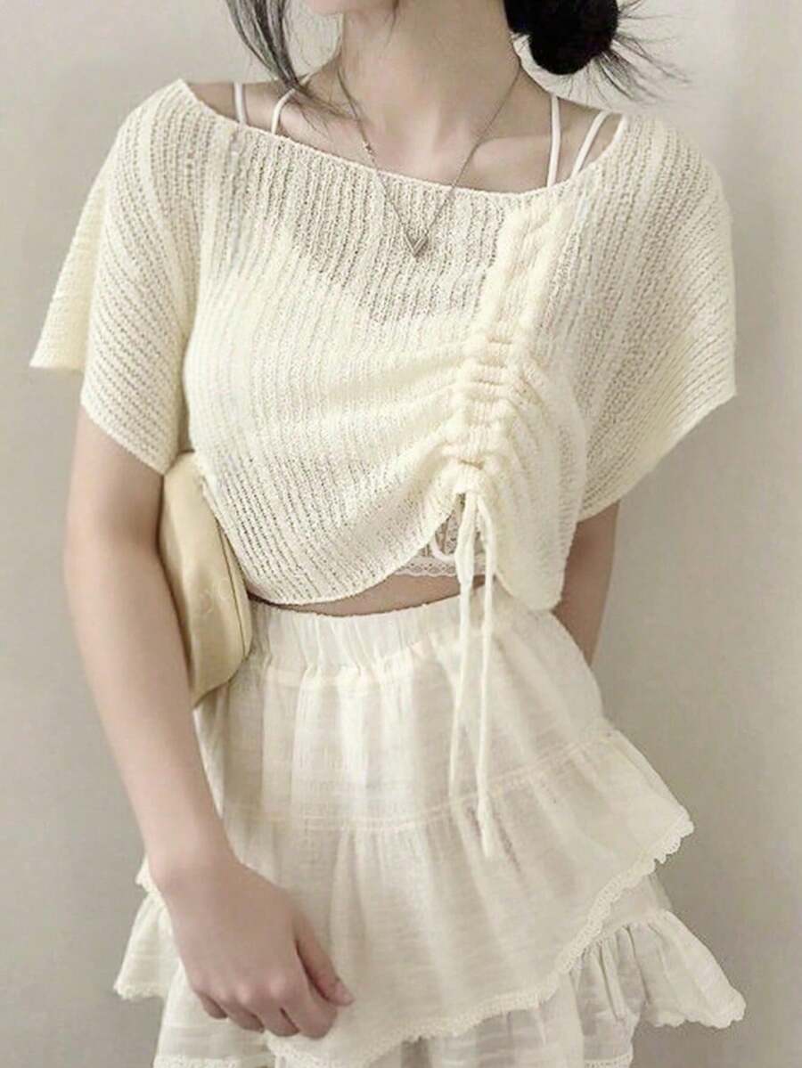 女士抽绳蝙蝠袖宽松针织毛衣 - 杏色 - 查看 1