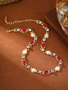 1 Piece Elegant Red Imitation Gemstone Necklace For Women ,Copper Alloy Chain Plated 14K Gold,Faux Pearl Necklace,Perfect Gift For Mother's Day,Valentine's Day,Wedding,Christmas Day