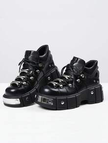 Women's Y2K Goth Platform Ankle Boots Punk Metal Round Toe Chunky Heel Rock Combat Shoes Fashion Lace Up Motorcycle Riding Biker Booties For Woman - Black - View 7