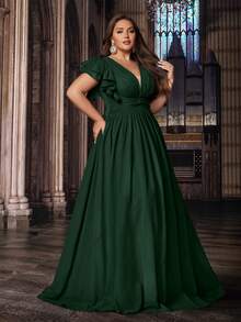 QOQ 浪漫纯色加大码女式礼服伴娘晚礼服适合婚礼、生日派对、正式活动 V 领荷叶边袖礼服 - 墨綠色 - 查看 5