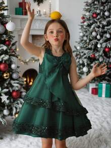 年轻女孩亮片大蝴蝶结无袖公主薄纱露背派对晚礼服