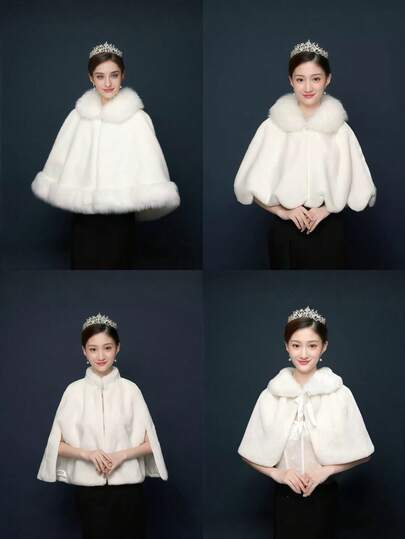 1件装女士蓬松白色冬季披肩，秋冬毛绒披肩，加大码波浪边人造毛皮披肩，开衩毛皮披肩，毛皮饰边披肩，蝴蝶结开襟毛皮披肩，保暖新娘披肩，婚纱毛皮披肩，开襟披肩，长款披肩，适合婚礼、派对、晚宴、演出等场合，优雅复古浪漫文艺清新奢华加大码披肩斗篷，保暖演出服披肩，婚纱披肩，无肩带礼服披肩