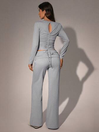 Meguma Women's Loungewear Set, Round Neck Top With Ruched Waist Design, Casual Minimalist Style, Autumn/Winter