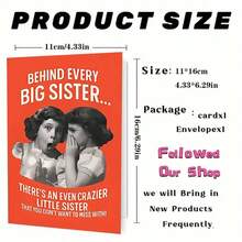 Sister-Themed Adult Humorous Card - "Crazier Little Sister Behind Big Sis" Retro Greeting (With Envelope) - Multicolor - View 4