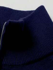 Men's Solid Color Front Half Zipper Long Sleeve Casual Sweater, Old Money Style, Fall/Winter - Navy Blue - View 4