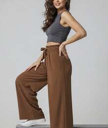 Wide Leg Pants With Flare Leg, Sophisticated Fit, Structured Style, High , Contemporary, Casual, Comfortable, Modern, Chic - 鏽棕色 - 查看 6