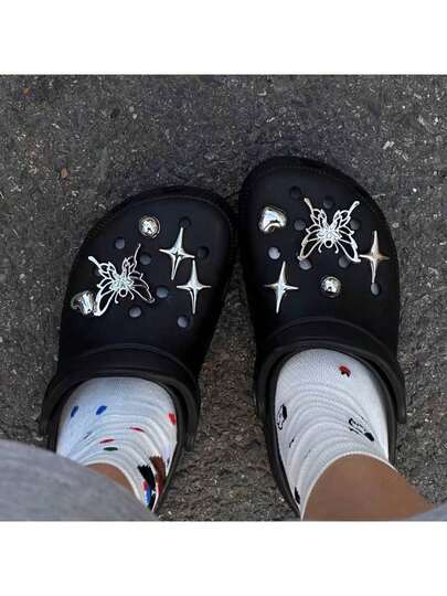 Y2K Aesthetic Silver DIY Shoe Charms - Butterfly/Star/Heart/Crocodile Sandals Slippers Wooden Clogs Christmas Birthday Gift Removable Shoe Decorations