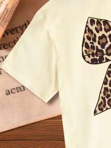 Young Girl Leopard Print Bow Graphic Short Sleeve Casual Round Neck T-Shirt - Apricot - View 6