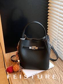 1pc FEISTURE Litchi Texture Minimalist Elegant Women's Handbag, Fashion Shoulder Crossbody Bag (With Small Pouch), Free Accessory Charm For Store Followers, Suitable For Daily Outing, Dating, Commuting - Black - View 3