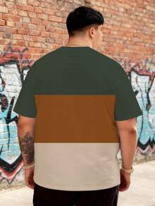 Camiseta de hombre talla grande con estampado a cuadros y contraste, de tela de punto de poliéster, cuello redondo, ajuste casual, diseño gráfico novedoso - Caqui - Ver 4