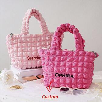 名入れ刺繍トートバッグ、カスタマイズ プリーツワッフル生地 旅行 バケーション、誕生日 ブライダルシャワー ギフト、女性へのクリスマスプレゼント