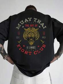 [Sporty T-Shirt]'s 100% Cotton Muay Thai Fight Club T-Shirt - Vintage Thai Boxing Logo & Tiger Print, Relaxed Fit Martial Arts Tee For Training, Gym, Casual Wear - Soft Breathable Fabric With Muay Thai Slogan (White) - Ideal Gift For Fighters &Relaxed Plus Size T-Shirt - 黑色 - 查看 1