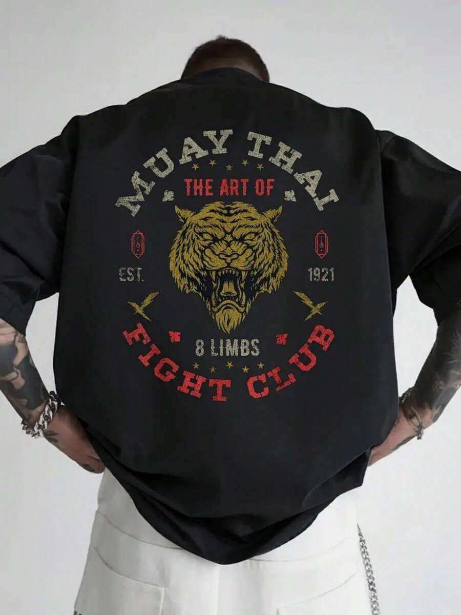 [Sporty T-Shirt]'s 100% Cotton Muay Thai Fight Club T-Shirt - Vintage Thai Boxing Logo & Tiger Print, Relaxed Fit Martial Arts Tee For Training, Gym, Casual Wear - Soft Breathable Fabric With Muay Thai Slogan (White) - Ideal Gift For Fighters &Relaxed Plus Size T-Shirt - 黑色 - 查看 1