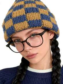 Classic Autumn/Winter Checkerboard Knit Beanie Hat For Women, Korean Fashion Chic, Suitable For Large Head Circumference, Warm Knitted Cap, Versatile Christmas Accessory