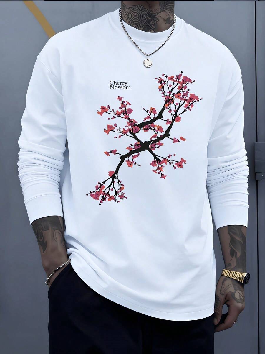 Cherry Blossom Graphic Depicting A Branch Laden With Delicate Pink Flowers Symbolizing Renewal And The Fleeting Nature Of Beauty, Offering A Touch Of Sophistication 1pcs Long Sleeve T Shirt 100% Cotton - trắng - Xem 1