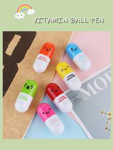 6 bolígrafos retráctiles con forma de píldora de dibujos animados, regalos para estudiantes de escuela primaria - Multicolor - Ver 1