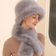 1 Set Women's Warm Faux Fur Hat & Scarf, Vintage Style, Fluffy Fabric, Suitable For Winter Women Winter Clothes Valentines Gift - Multicolor - View 3