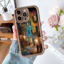 Cubierta de teléfono con diseño de calle europea colorida en tonos azules y amarillos para iPhone 14 Pro Max negro estilo urbano elegante para uso diario - Café integral - Ver 2