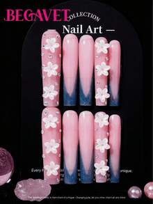 BEGAVET 10pcs Handmade Salon Quality Nail Art Press On Nails Pink French Tips Long Square Exclusive Design 3D Nails With 3D Charms, Suitable For Parties/Music Festival And Daily Wear - Multicolor - View 1