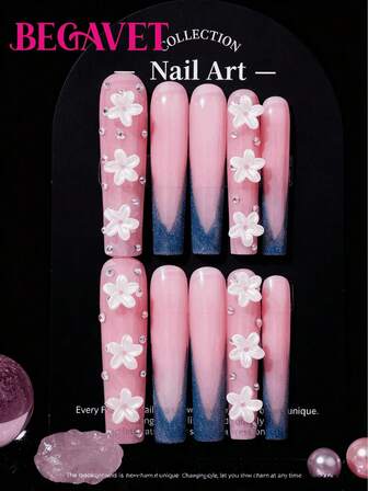 BEGAVET 10 st handgjorda nagelkonst i salongskvalitet med press-on-naglar, rosa franska tips, långa fyrkantiga, exklusiva designade 3D-naglar med 3D-berlocker, lämpliga för fester/musikfestivaler och vardagsbruk