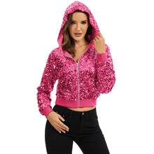 Women's Sequin Zip-Up Hooded Jacket With Ribbed Hem And Long Sleeves For Party Wear - Hot Pink - View 4