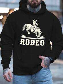 Sudadera de mezclilla de forro polar cómoda para hombres - Sudadera con estampado de mezclilla roja y letras 'RODEO', sudadera de manga larga cálida para otoño e invierno, top con capucha de estilo occidental casual, ropa casual de invierno | Suéter Casual de Punto | Tela de textura suave - Negro - Ver 9