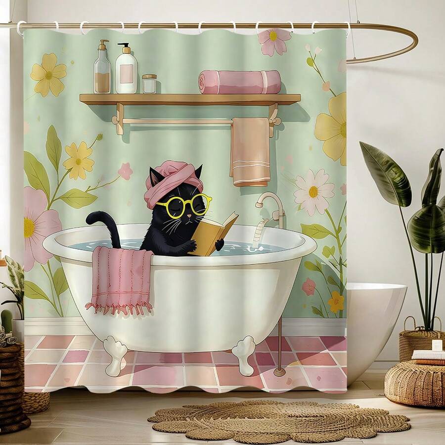 1pc Retro Cat-Patterned Shower Curtain, Perfect For Reading In The Shower. Made Of Retro Floral Polyester, It's Waterproof, Mildew-Resistant, And Machine Washable. Colors May Vary Slightly Depending On Lighting Conditions. Includes 12 Hooks. - Multicolor - View 1