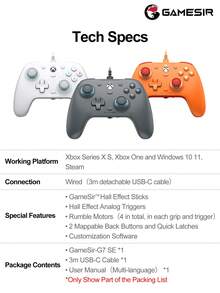 Tay cầm chơi game Gamesir G7 SE, tương thích với PC, được Microsoft ủy quyền, trang bị cần điều khiển cảm ứng Hall, phù hợp với dòng máy Series X/S và One X/S, hỗ trợ Steam, hệ điều hành Windows 10 và 11. Được trang bị cò analog, chức năng rung, các nút phía sau có thể tùy chỉnh qua phần mềm, động cơ rung, giao diện âm thanh 3.5mm, chất liệu ABS, có các màu xám, trắng và cam. - G7 ĐẠI HỌC - Xem 12